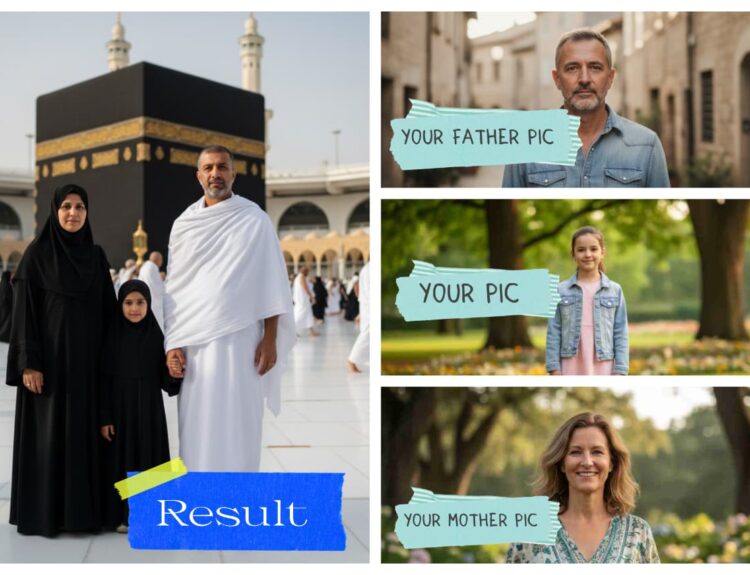 AI generated Gemini image of a Muslim family performing Umrah in Makkah Father in white ihram Mother in black abaya and children in modest clothing standing together with Kaaba in the background